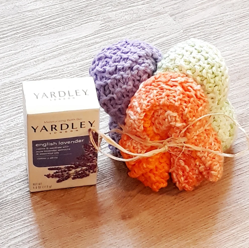 3 Handmade Crochet Washcloths + Lavender Bar Soap / 8